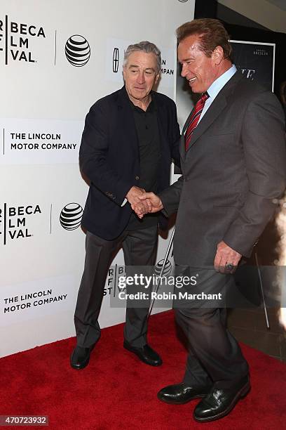 Arnold Schwarzenegger and Tribeca Film Festival Co-founder Robert De Niro attend the premiere of 'Maggie' during the 2015 Tribeca Film Festival at...