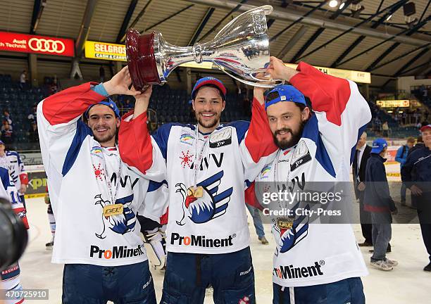 Mirko Hoefflin, Sinan Akdag and Dominik Bittner of the Adler Mannheim during the game between ERC Ingolstadt and Adler Mannheim on april 22, 2015 in...