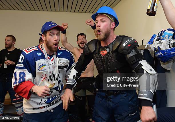 Kai Hospelt and Marcus Kink of the Adler Mannheim during the game between ERC Ingolstadt and Adler Mannheim on april 22, 2015 in Mannheim, Germany.