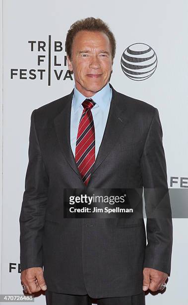 Actor Arnold Schwarzenegger attends the 2015 Tribeca Film Festival world premiere narrative: "Maggie" at BMCC Tribeca PAC on April 22, 2015 in New...