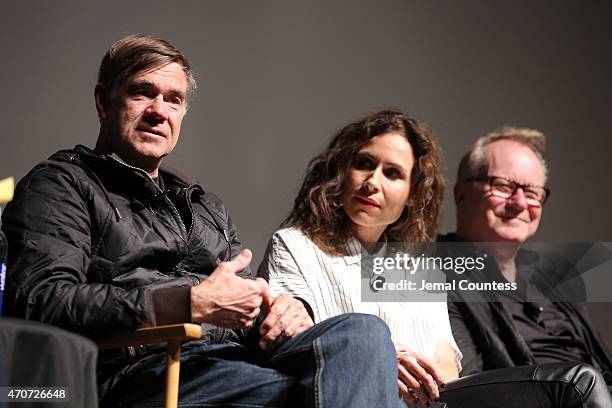 Gus Van Sant, Minnie Driver and Stellan Skarsgard speak onstage at the Tribeca Film Institute and Alfred P. Sloan Foundation's celebration of the...