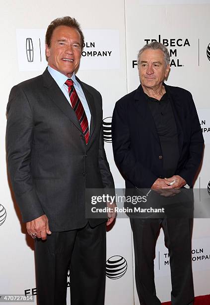 Arnold Schwarzenegger and Tribeca Film Festival Co-founder Robert De Niro attend the premiere of 'Maggie' during the 2015 Tribeca Film Festival at...