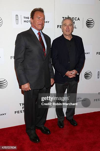 Arnold Schwarzenegger and Tribeca Film Festival Co-founder Robert De Niro attend the premiere of 'Maggie' during the 2015 Tribeca Film Festival at...