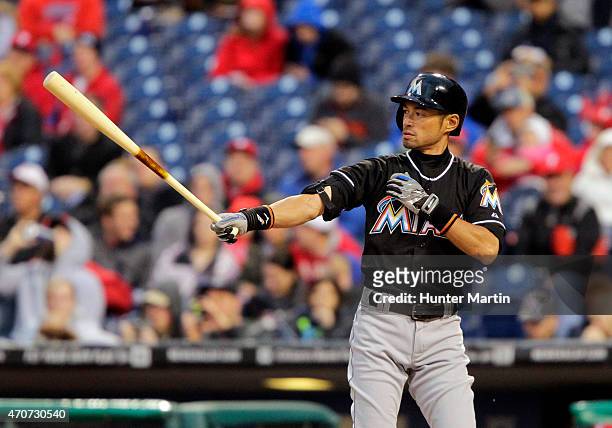 Left fielder Ichiro Suzuki of the Miami Marlins stands in the batters box in the second inning during a game against the Philadelphia Phillies at...