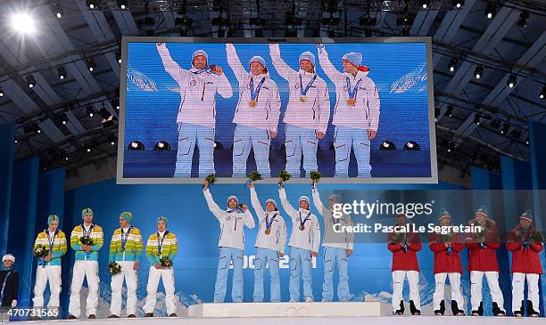 Silver medalists Eric Frenzel, Bjoern Kircheisen, Johannes Rydzek and Fabian Riessle of Germany, Gold medalists Magnus Hovdal Moan, Haavard...