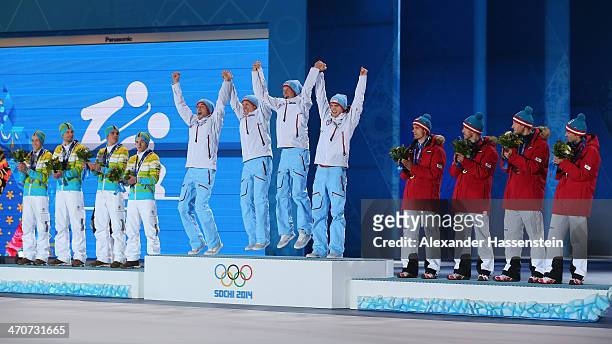 Silver medalists Eric Frenzel, Bjoern Kircheisen, Johannes Rydzek and Fabian Riessle of Germany, Gold medalists Magnus Hovdal Moan, Haavard...