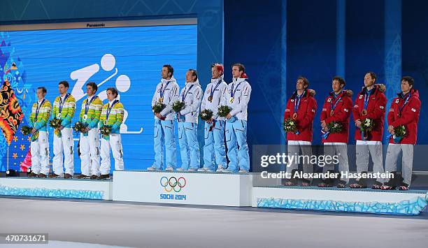 Silver medalists Eric Frenzel, Bjoern Kircheisen, Johannes Rydzek and Fabian Riessle of Germany, Gold medalists Magnus Hovdal Moan, Haavard...