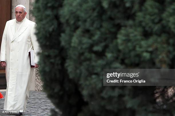 Pope Francis arrives at the Paul VI Hall for an Extraordinary Consistory on the themes of Family on February 20, 2014 in Vatican City, Vatican. Pope...