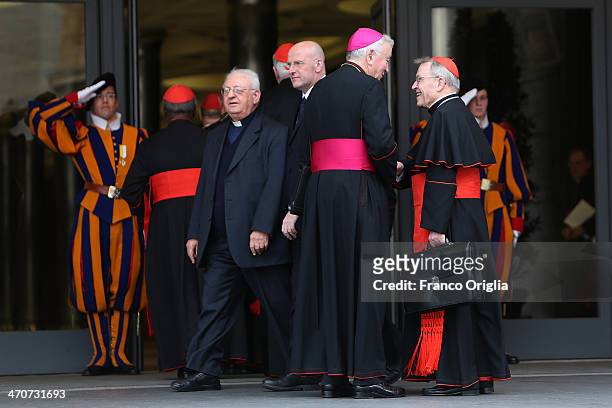 German cardinal Walter Kasper chats with German archbishop and cardinal designate Gerhard Ludwig Muller after an Extraordinary Consistory on the...