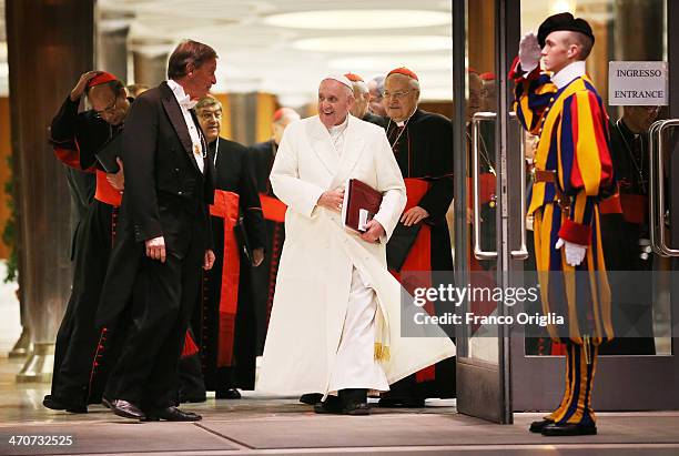 Pope Francis smiles as he leaves an Extraordinary Consistory on February 20, 2014 in Vatican City, Vatican. Pope Francis will create 19 new cardinals...