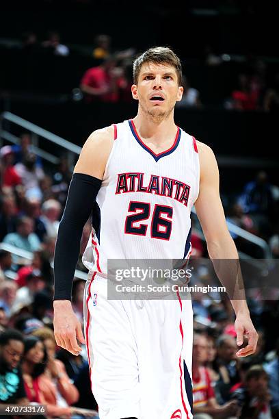 Kyle Korver of the Atlanta Hawks stands on the court during a game against the Brooklyn Nets in Game Two of the Eastern Conference Quarterfinals of...