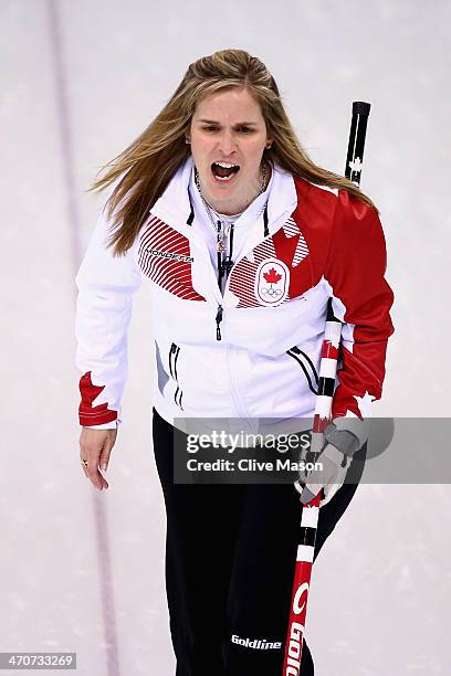 Jennifer Jones of Canada in action during the Gold medal match between Sweden and Canada on day 13 of the Sochi 2014 Winter Olympics at Ice Cube...