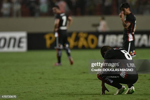 Esteban Pavez , of Chile's Colo Colo, reacts at the end of their 2015 Libertadores Cup football match against Brazil's Atletico Mineiro, at the...