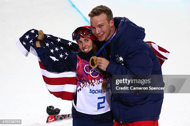 Maddie Bowman of the United States celebrates winning the gold medal in the Freestyle Skiing Ladies' Ski Halfpipe Finals with David Wise, gold medal...