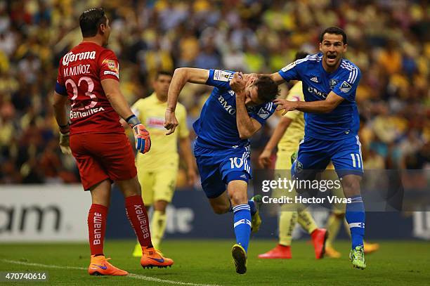 Ignacio Piatti of Montreal Impact celebrates with Dilly Duka after scoring the first goal of his team during a Championship first leg match between...