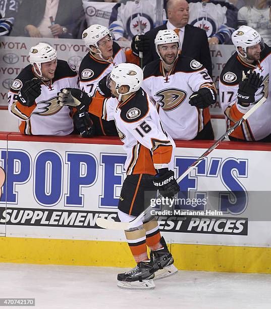 Emerson Etem of the Anaheim Ducks celebrates his goal against Ondrej Pavelec of the Winnipeg Jets during first period action in Game Four of the...
