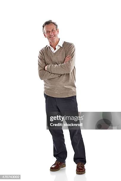 relaxed mature guy standing over white - business casual white background stock pictures, royalty-free photos & images