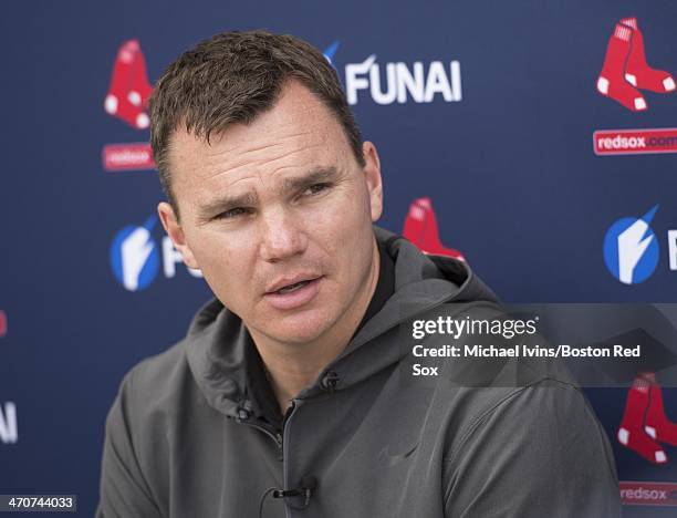 General Manager Ben Cherington of the Boston Red Sox speaks with the media following the first full team Spring Training workout at Fenway South on...