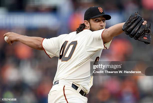 Madison Bumgarner of the San Francisco Giants pitches against the Los Angeles Dodgers in the top of the first inning at AT&T Park on April 22, 2015...