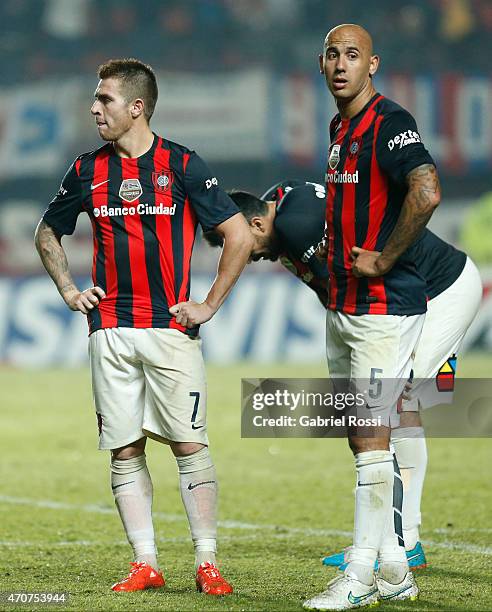 Julio Buffarini and Juan Mercier of San Lorenzo look dejected after losing a match between San Lorenzo v Danubio as part of Copa Bridgestone...