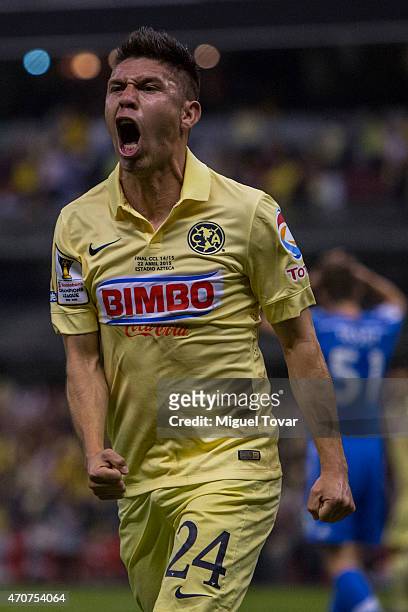 Oribe Peralta of America celebrates after scoring the first goal of his team during a Championship first leg match between America and Montreal...