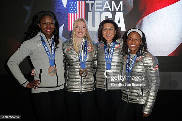 Olympians Aja Evans Jamie Greubel, Elana Meyers and Lauryn Williams visit the USA House in the Olympic Village on February 20, 2014 in Sochi, Russia.
