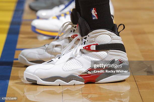 The shoes belonging to Arnett Moultrie of the Philadelphia 76ers in a game against the Golden State Warriors on February 10, 2014 at Oracle Arena in...