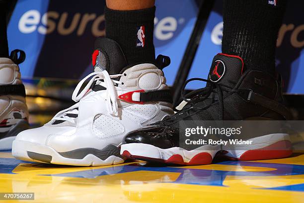 The shoes belonging to Arnett Moultrie and Lavoy Allen of the Philadelphia 76ers in a game against the Golden State Warriors on February 10, 2014 at...