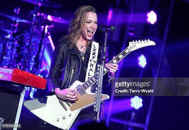 Singer and guitarist Lzzy Hale of Halestorm performs at the Ryman Auditorium on April 22, 2015 in Nashville, Tennessee.