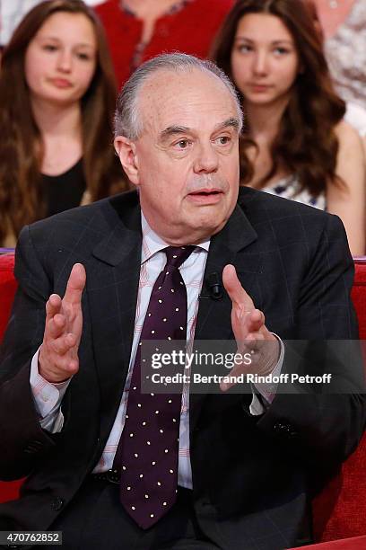 Frederic Mitterrand presents his book "Une adolescence" during the 'Vivement Dimanche' French TV at Pavillon Gabriel on April 22, 2015 in Paris,...