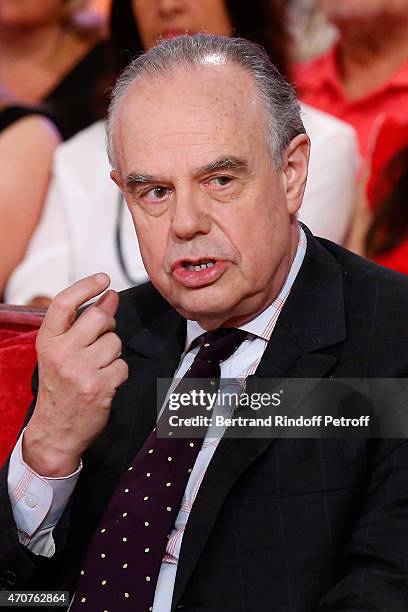Frederic Mitterrand presents his book "Une adolescence" during the 'Vivement Dimanche' French TV at Pavillon Gabriel on April 22, 2015 in Paris,...