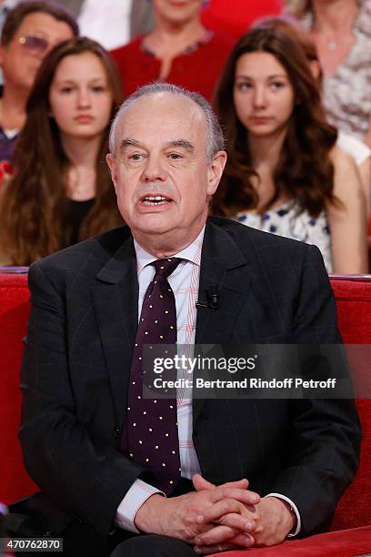 Frederic Mitterrand presents his book "Une adolescence" during the 'Vivement Dimanche' French TV at Pavillon Gabriel on April 22, 2015 in Paris,...