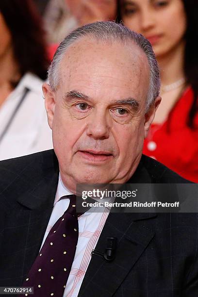 Frederic Mitterrand presents his book "Une adolescence" during the 'Vivement Dimanche' French TV at Pavillon Gabriel on April 22, 2015 in Paris,...
