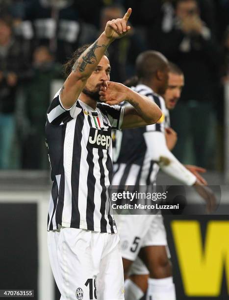 Pablo Osvaldo of Juventus FC celebrates after scoring the opening goal during the UEFA Europa League Round of 32 match between Juventus and AS...