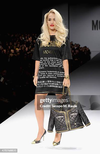Rita Ora attends the Moschino show as a part of Milan Fashion Week Womenswear Autumn/Winter 2014 on February 20, 2014 in Milan, Italy.