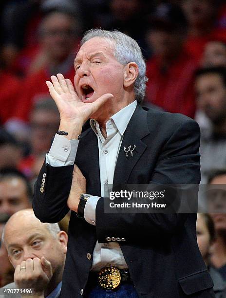 Chairman and CEO of the San Antonio Spurs Peter Holt shouts during the game between the San Antonio Spurs and the Los Angeles Clippers during Game...