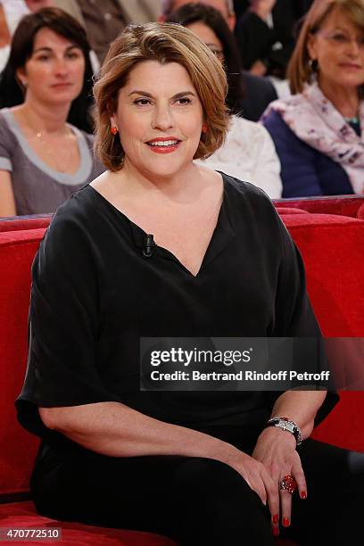 Actress Mathilde Vitry attends the 'Vivement Dimanche' French TV at Pavillon Gabriel on April 22, 2015 in Paris, France.