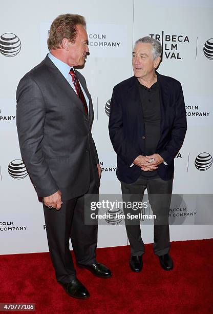 Actors Arnold Schwarzenegger and Robert De Niro attend the 2015 Tribeca Film Festival world premiere narrative: "Maggie" at BMCC Tribeca PAC on April...