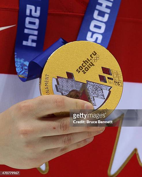 Detailed view of a Canada gold medal after the Ice Hockey Women's Gold Medal Game on day 13 of the Sochi 2014 Winter Olympics at Bolshoy Ice Dome on...