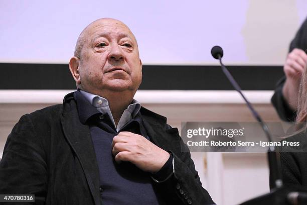 French artist Christian Boltanski hold a Lectio Magistralis at Aula Magna of Art's Academy on April 21, 2015 in Bologna, Italy.