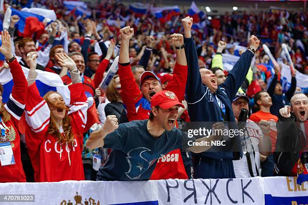 Men's Ice Hockey Preliminary Round: USA v. Russia" -- Pictured: Russian fans during the Men's Ice Hockey Preliminary Round on February 15, 2014...