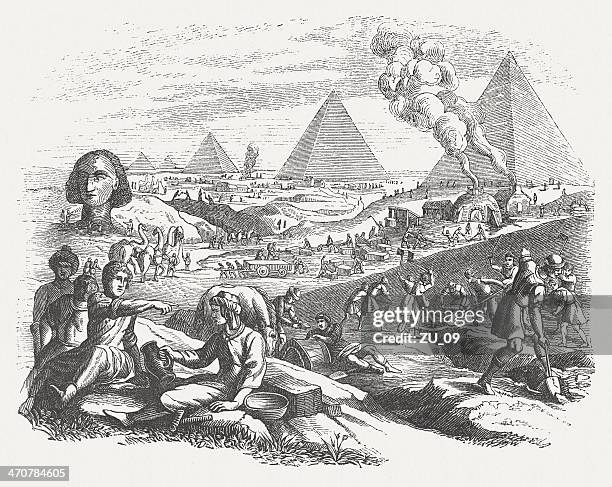 pyramid construction in ancient egypt, wood engraving, published in 1864 - judaism stock illustrations