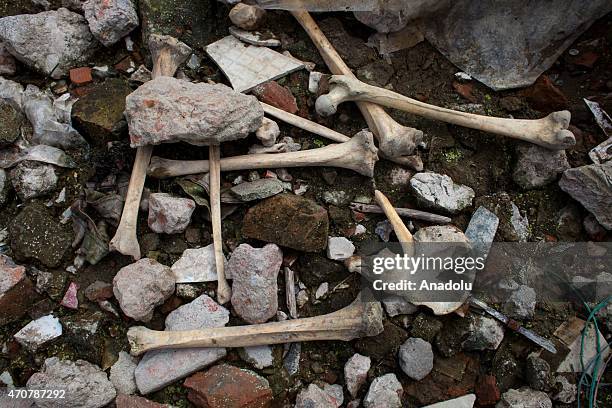 Human bones are seen at the site of Rana Plaza building collapse on the second-year anniversary of the incident at Savar in Dhaka, Bangladesh, on...