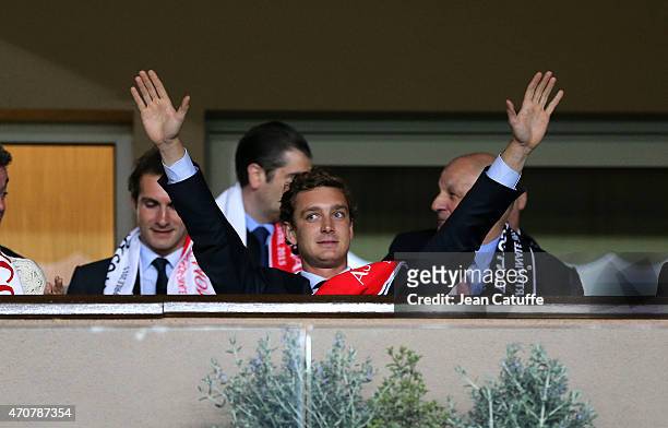 Pierre Casiraghi attends the UEFA Champions League Quarter Final second leg match between AS Monaco FC and Juventus Turin at Stade Louis II on April...