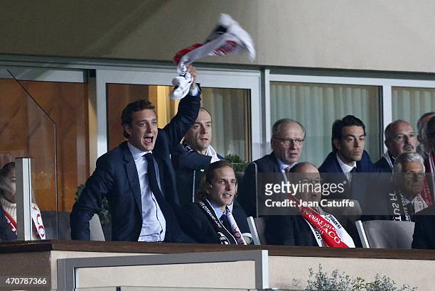 Pierre Casiraghi, Andrea Casiraghi and Prince Albert II of Monaco attend the UEFA Champions League Quarter Final second leg match between AS Monaco...