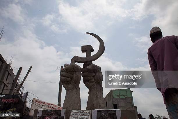 Memorial monument, in memory of victims of Rana Plaza collapse is seen at the site of the accident on the second-year anniversary of the incident at...