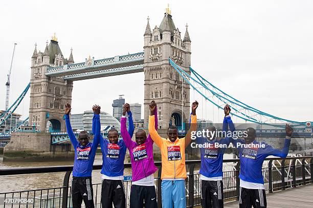 Emmanuel Mutai, Geoffrey Mutai, Eliud Kipchoge, Stanley Biwott, Wlison Kipsang and Dennis Kimetto attend the photocall for the Elite Men ahead of...