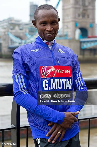 Geoffrey Mutai attends the photocall for the Elite Men ahead of Sunday's London Marathon on April 23, 2015 in London, England.