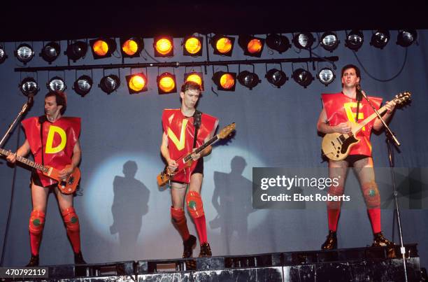 Gerald Casale, Bob Mothersbaugh , Bob Casale performing with DEVO at Asbury Park in New Jersey on July 19, 1980.