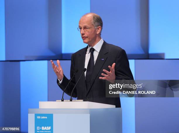 German chemicals company BASF CEO Kurt Bock delivers a speech at an event to celebrate the 150th anniversary of BASF at its headquarter in...